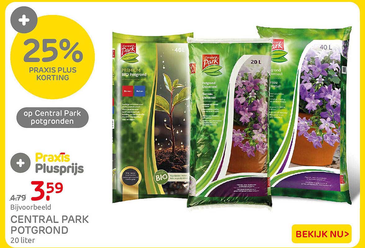 25% Praxis Plus korting op Central Park potgronden