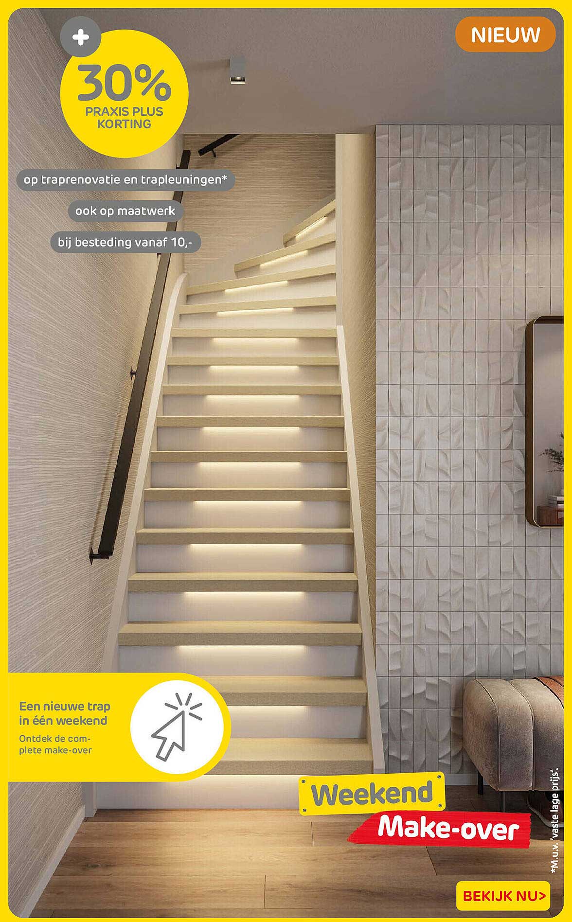 30% Praxis Plus korting op traprenovatie en trapleuningen, ook op maatwerk bij besteding vanaf 10,-