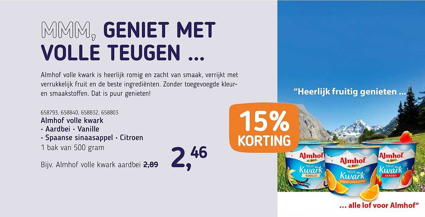 Almhof volle kwark • Aardbei • Vanille • Spaanse sinaasappel • Citroen 15% KORTING