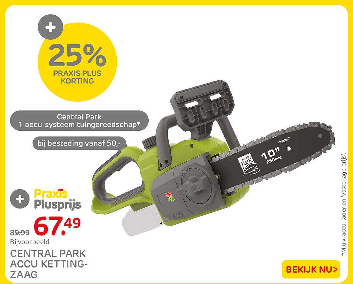 Central Park accu kettingzaag 25% Praxis Plus korting