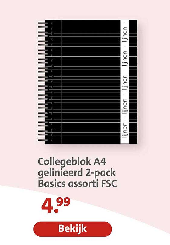 Collegeblok A4 gelinieerd 2-pack Basics assorti FSC