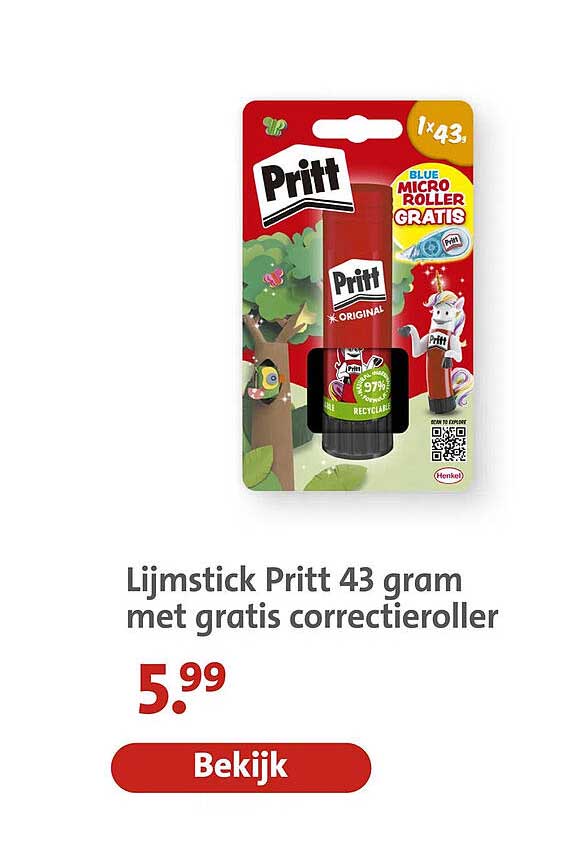 Lijmstick Pritt 43 gram met gratis correctieroller