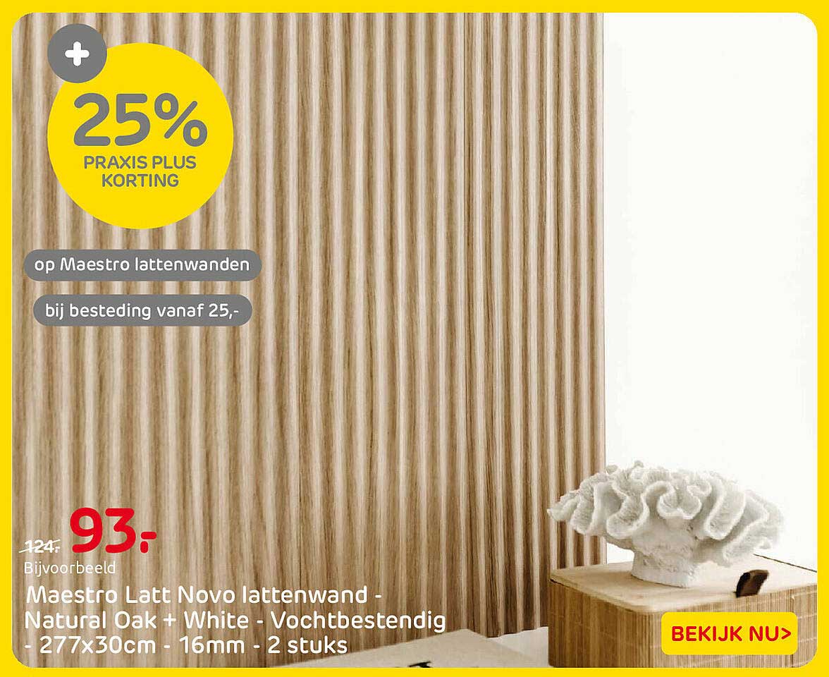 Maestro Latt Novo lattenwand - Natural Oak + White - Vochtbestendig - 277x30cm - 16mm - 2 stuks