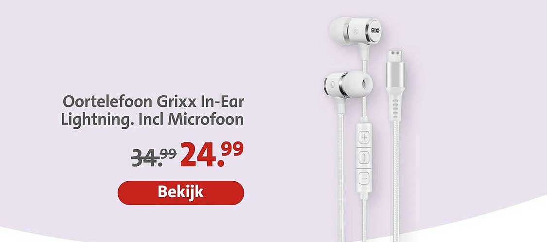 Oortelefoon Grixx In-Ear Lightning. Incl Microfoon
