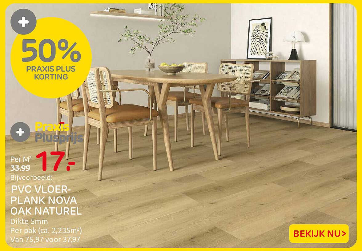 PVC VLOER-PLANK NOVA OAK NATUREL 50% Praxis Plus korting