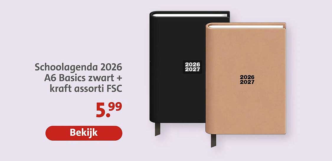 Schoolagenda 2026 A6 Basics zwart + kraft assorti FSC