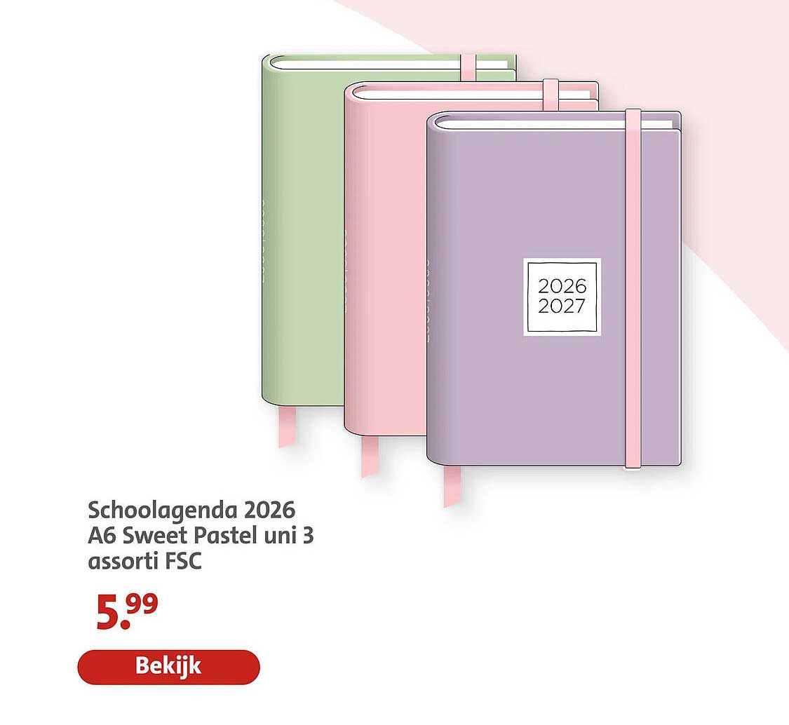Schoolagenda 2026 A6 Sweet Pastel uni 3 assorti FSC