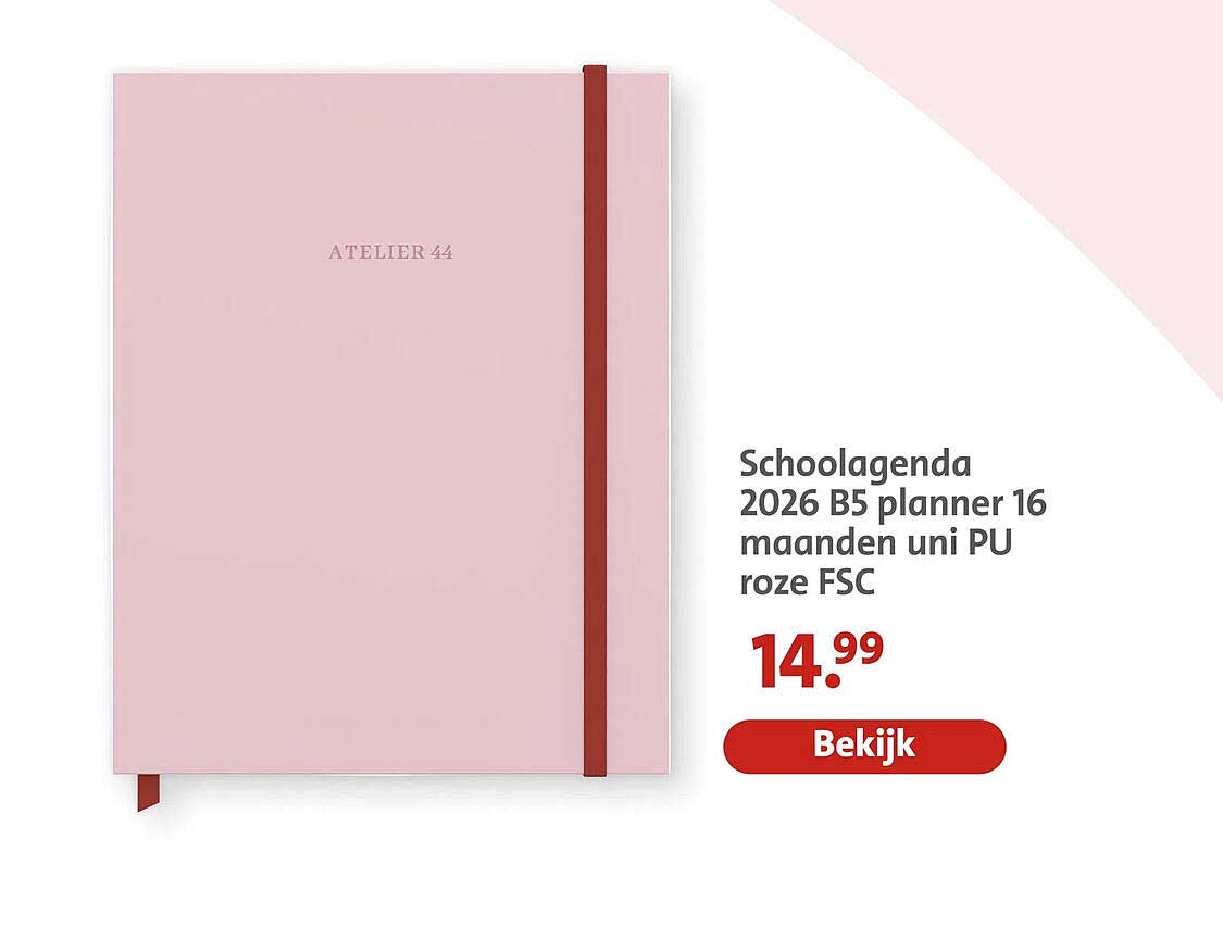 Schoolagenda 2026 B5 planner 16 maanden uni PU roze FSC