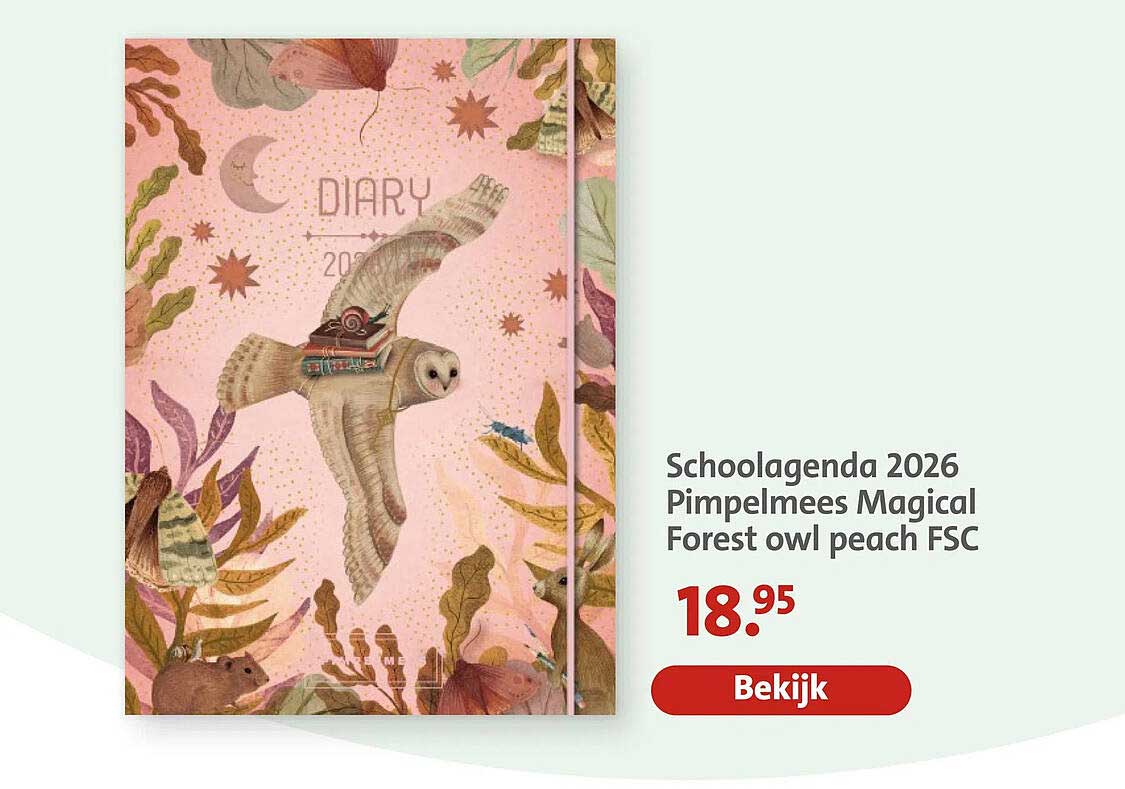 Schoolagenda 2026 Pimpelmees Magical Forest owl peach FSC