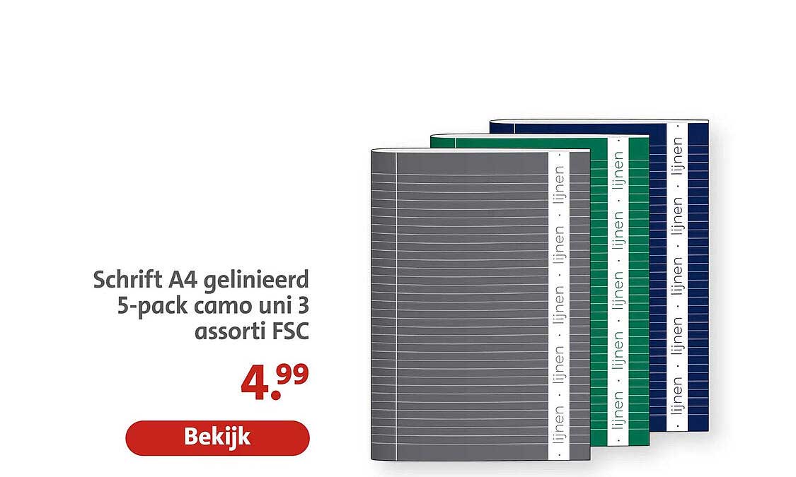 Schrift A4 gelinieerd 5-pack camo uni 3 assorti FSC