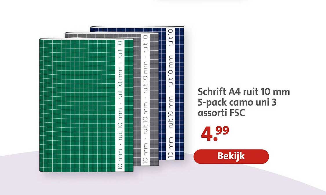 Schrift A4 ruit 10 mm 5-pack camo uni 3 assorti FSC
