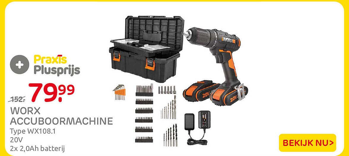 WORX accuboormachine Type WX108.1 20V 2x 2,0Ah batterij