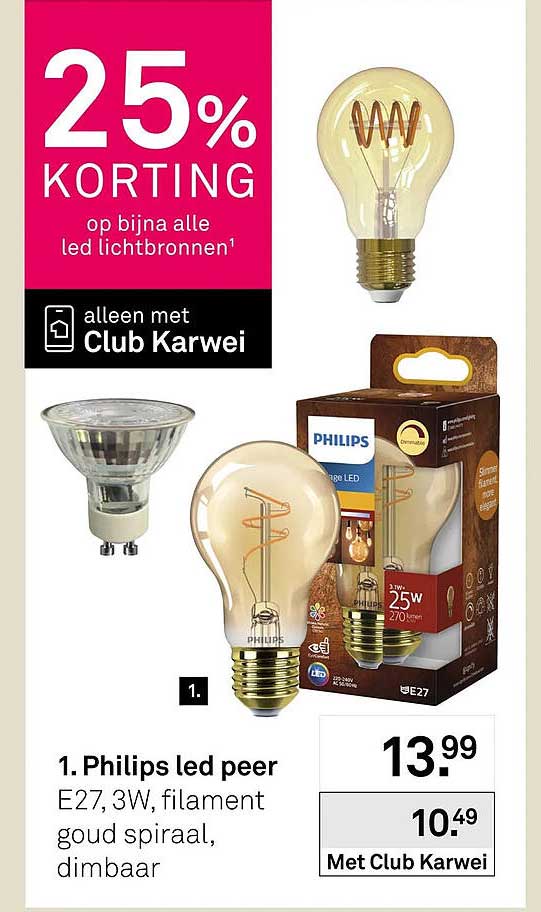 1. Philips led peer E27, 3W, filament goud spiraal, dimbaar