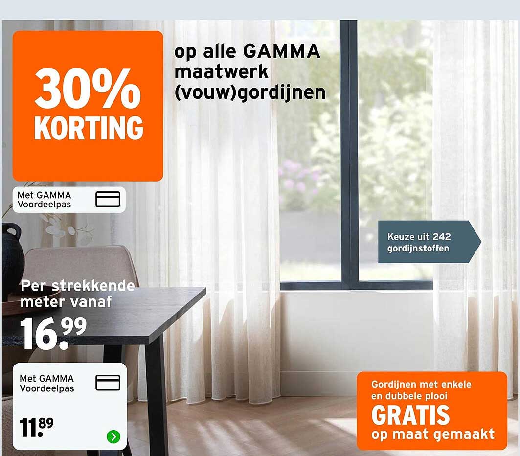 30% korting op alle GAMMA maatwerk (vouw)gordijnen