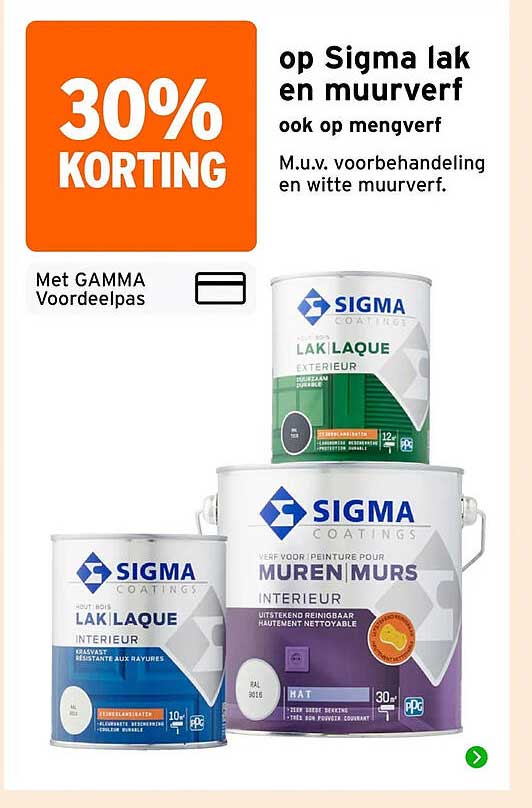 30% korting op Sigma lak en muurverf ook op mengverf