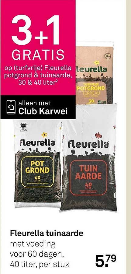 3+1 GRATIS op (turfvrije) Fleurella potgrond & tuinaarde, 30 & 40 liter