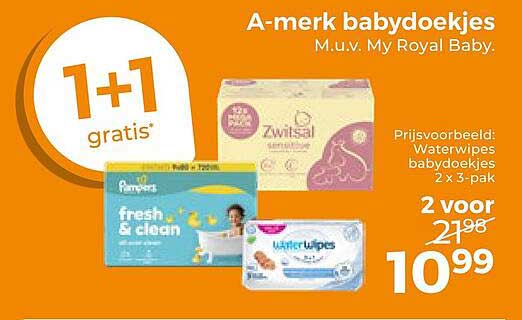A-merk babydoekjes M.u.v. My Royal Baby. 1+1 gratis