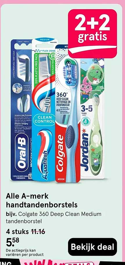 Alle A-merk handtandenborstels bijv. Colgate 360 Deep Clean Medium tandenborstel 2+2 gratis
