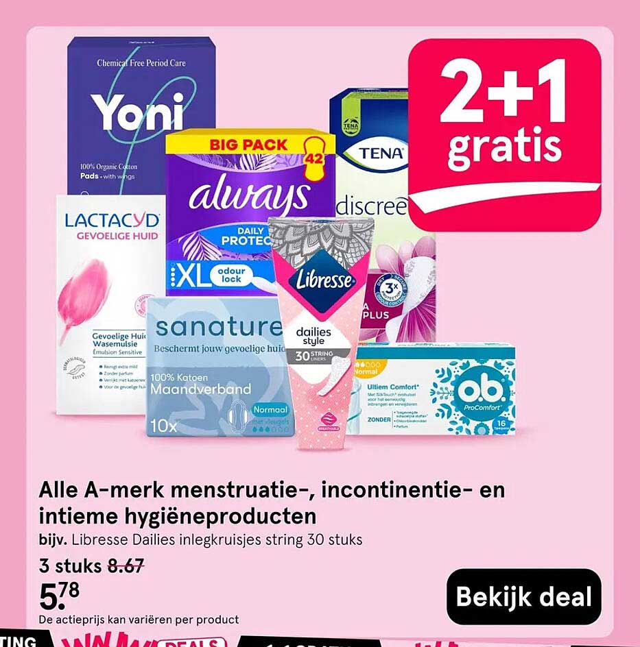 Alle A-merk menstruatie-, incontinentie- en intieme hygiëneproducten 2+1 gratis