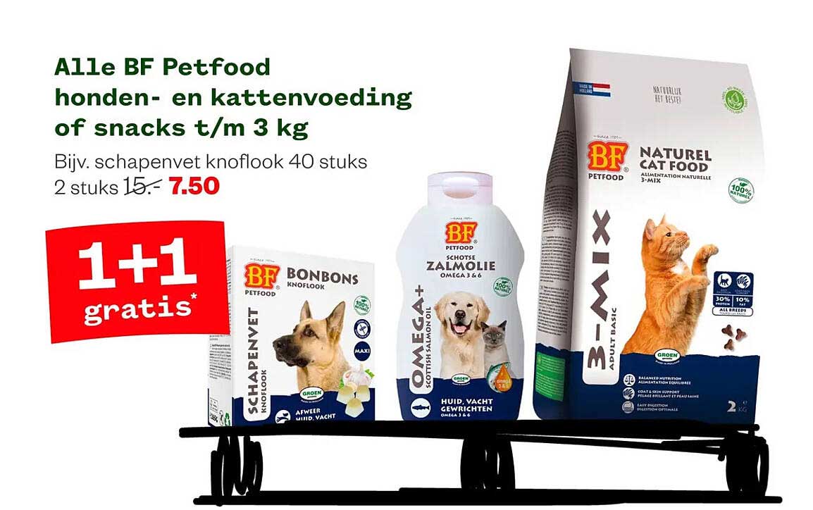 Alle BF Petfood honden- en kattenvoeding of snacks t/m 3 kg 1+1 gratis