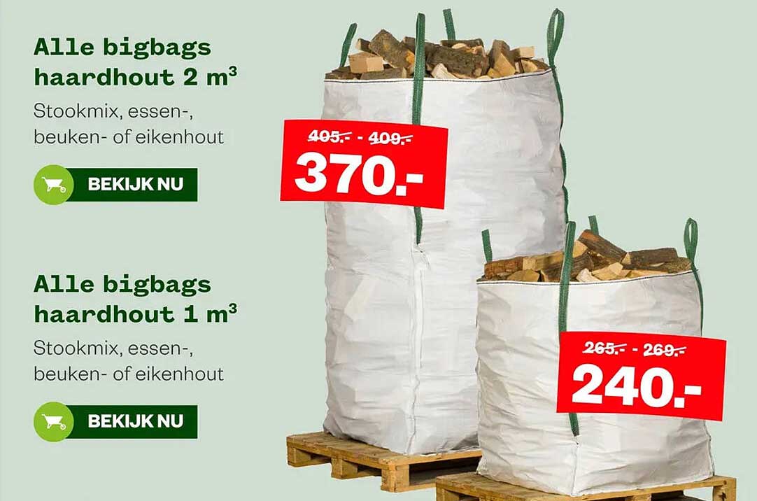 Alle bigbags haardhout 2 m³ Stookmix, essen-, beuken- of eikenhout