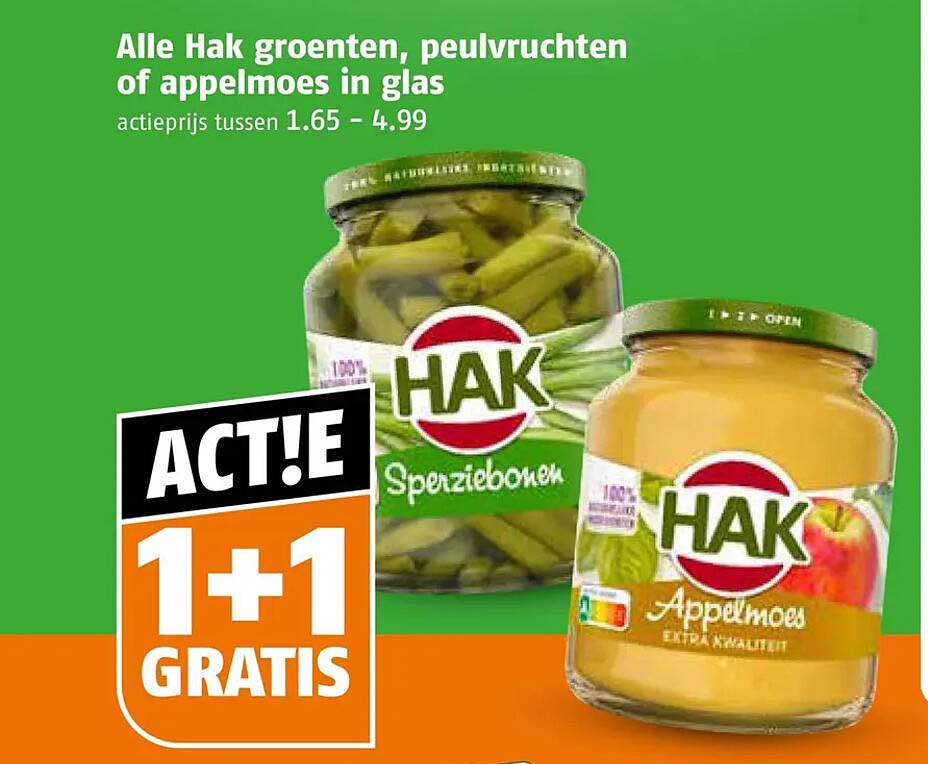 Alle Hak groenten, peulvruchten of appelmoes in glas ACT!E 1+1 GRATIS