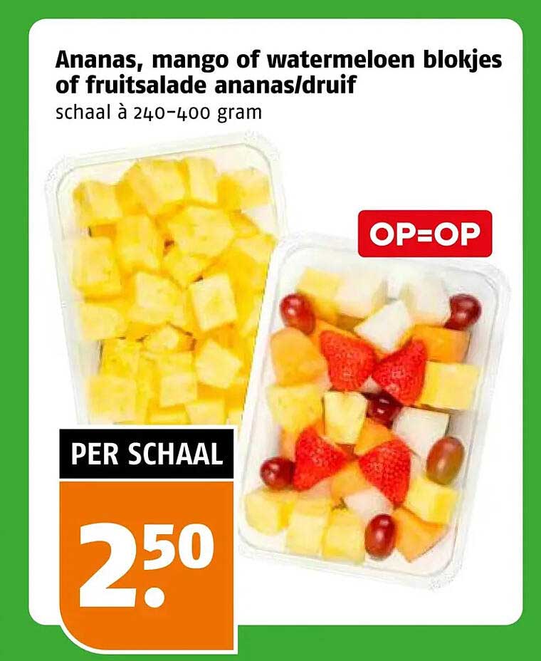 Ananas, mango of watermeloen blokjes of fruitsalade ananas/druif