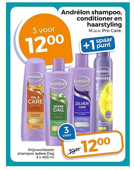 Andrélon shampoo, conditioner en hairstyling M.u.v. Pro Care. +1 spaar punt