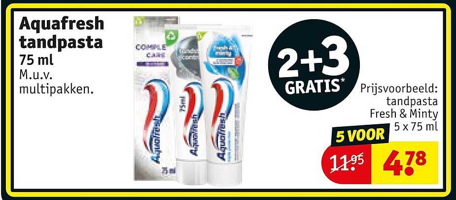 Aquafresh tandpasta 75 ml M.v.v. multipakken. 2+3 GRATIS*