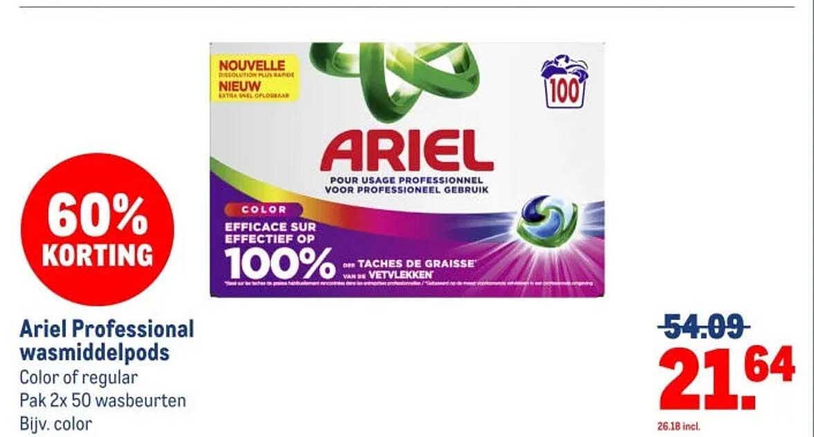 Ariel Professional wasmiddelpods Color of regular 2x 50 wasbeurten 60% korting