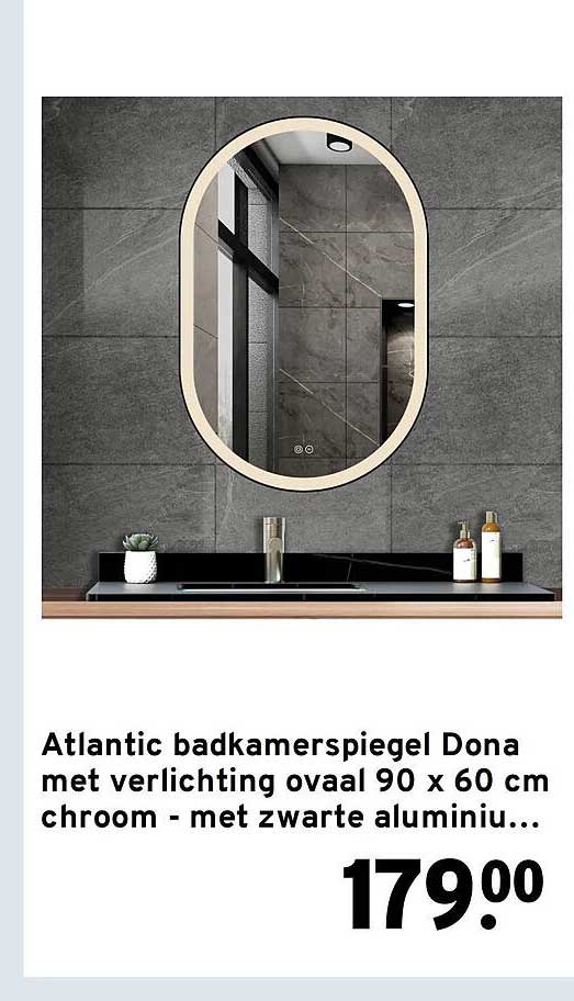 Atlantic badkamerspiegel Dona met verlichting ovaal 90 x 60 cm chroom - met zwarte aluminiu...