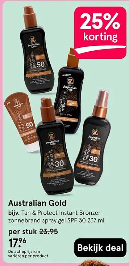 Australian Gold bijv. Tan & Protect Instant Bronzer zonnebrand spray gel SPF 30 237 ml 25% korting