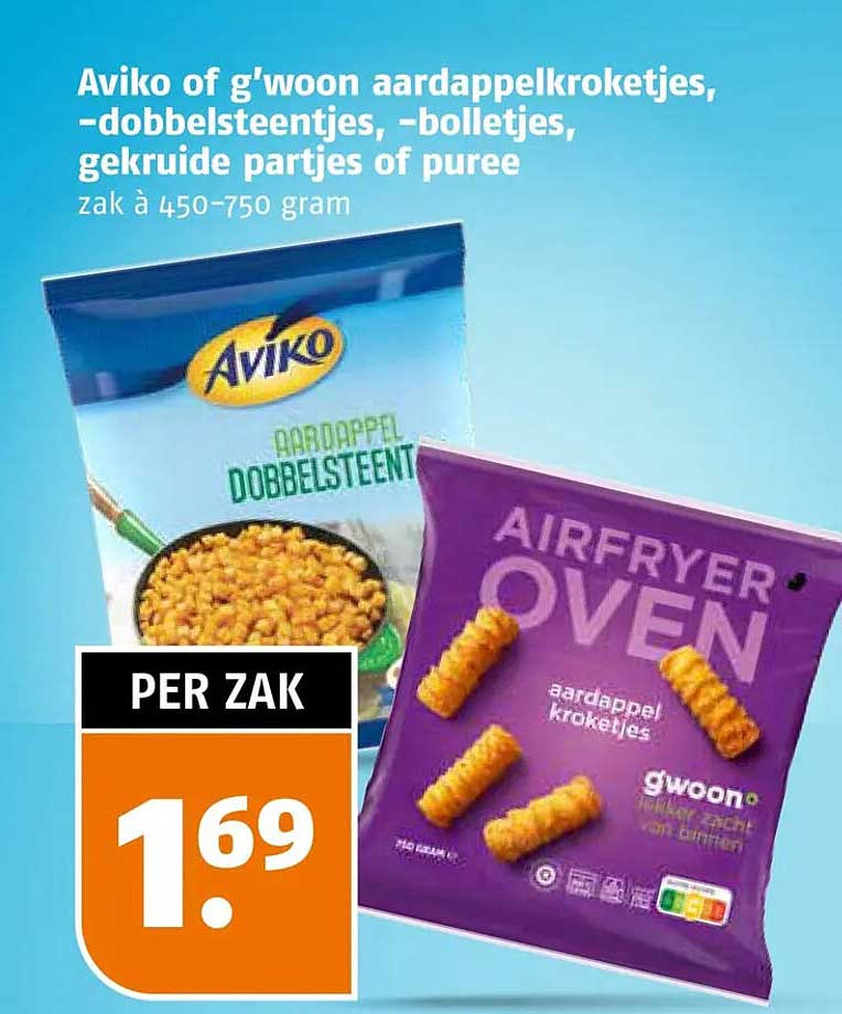 Aviko of g'woon aardappelkroketjes, -dobbelsteentjes, -bolletjes, gekruide partjes of puree