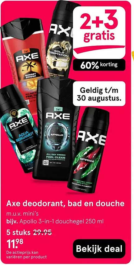 Axe deodorant, bad en douche 2+3 gratis