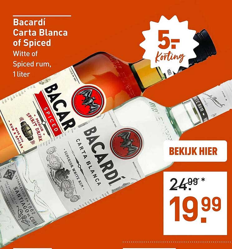 Bacardí Carta Blanca of Spiced Witte of Spiced rum, 1 liter 5.- korting
