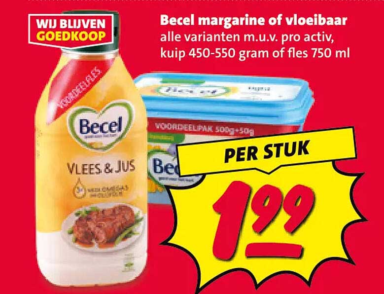 Becel margarine of vloeibaar alle varianten m.u.v. pro activ, kuip 450-550 gram of fles 750 ml