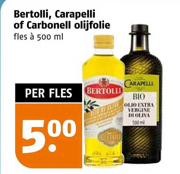 Bertolli, Carapelli of Carbonell olijfolie fles à 500 ml PER FLES