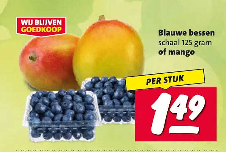 Blauwe bessen schaal 125 gram of mango PER STUK