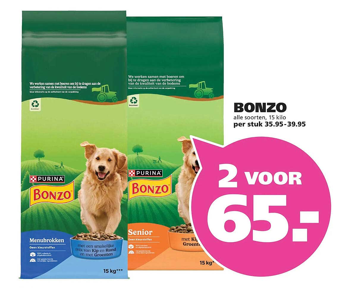 BONZO alle soorten, 15 kilo 2 voor 65,-
