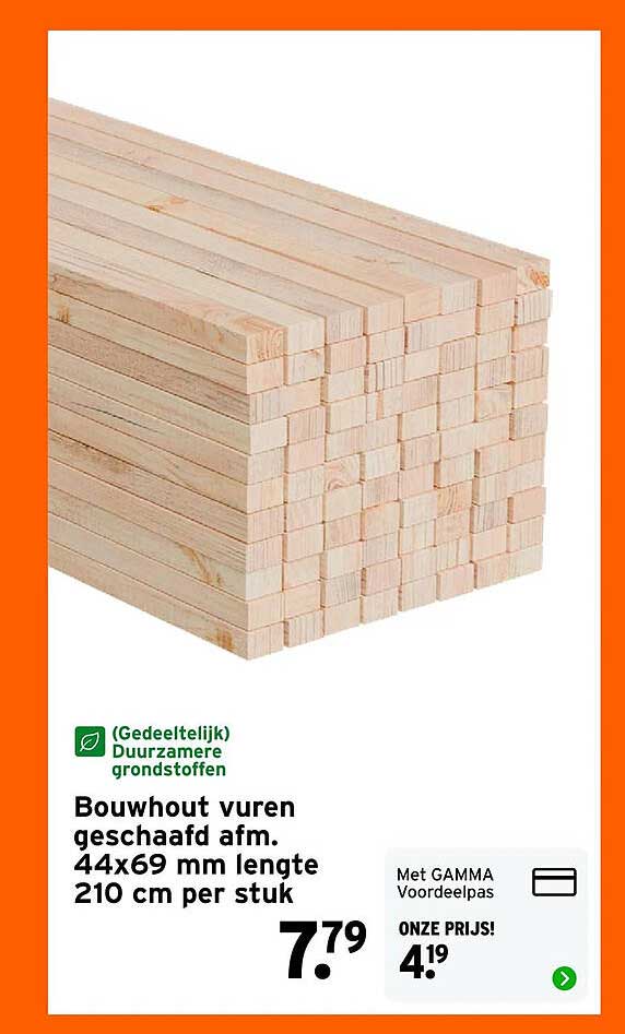 Bouwhout vuren geschaafd afm. 44x69 mm lengte 210 cm per stuk