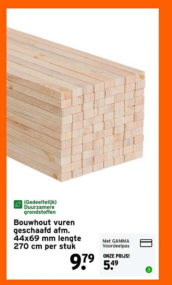 Bouwhout vuren geschaafd afm. 44x69 mm lengte 270 cm per stuk