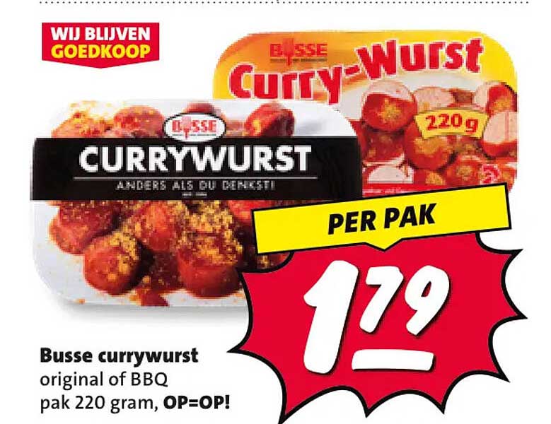 Busse currywurst original of BBQ pak 220 gram, OP=OP!