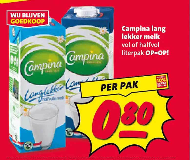 Campina lang lekker melk vol of halfvol literpak OP=OP!
