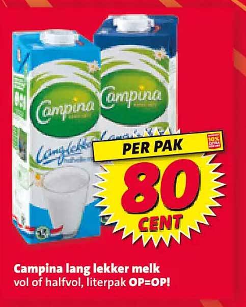Campina lang lekker melk vol of halfvol, literpak OP=OP!