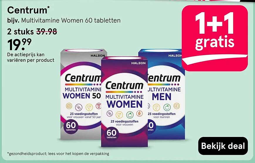 Centrum bijv. Multivitamine Women 60 tabletten 1+1 gratis