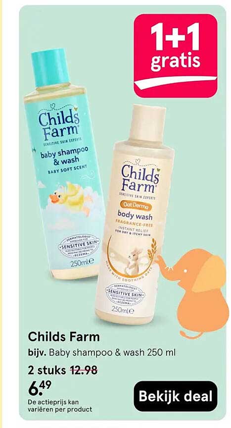 Childs Farm bijv. Baby shampoo & wash 250 ml 1+1 gratis