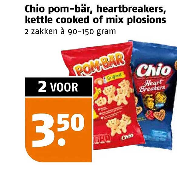 Chio pom-bär, heartbreakers, kettle cooked of mix plosions 2 voor