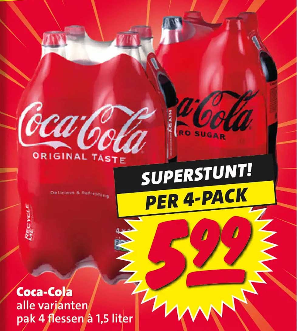 Coca-Cola alle varianten pak 4 flessen à 1,5 liter SUPERSTUNT! PER 4-PACK