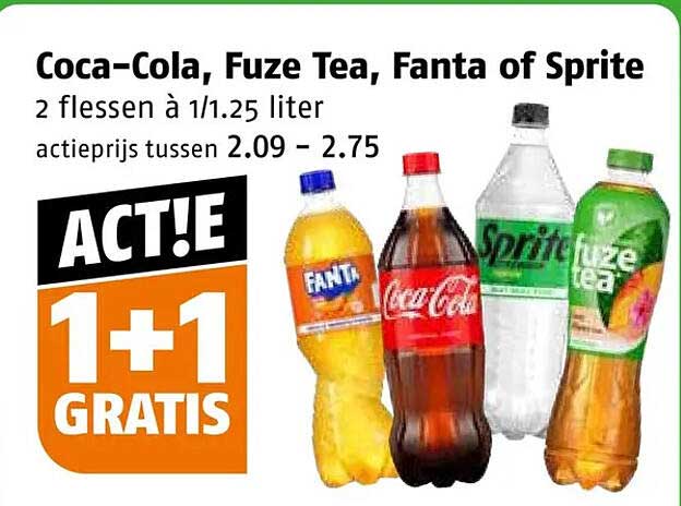 Coca-Cola, Fuze Tea, Fanta of Sprite 1+1 gratis