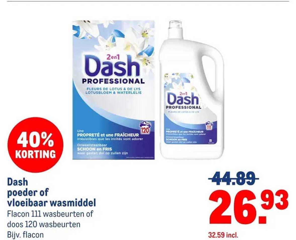 Dash poeder of vloeibaar wasmiddel 40% korting